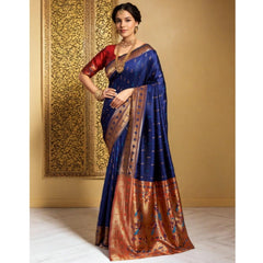 Generic Women's Silk Blend Zari Woven Saree With Unstitched Blouse 5.5Mtr (Navy)