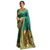 Generic Women's Silk Blend Paithani Saree With Unstitched Blouse 5.5Mtr (Green)