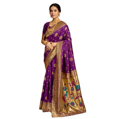 Generic Women's Silk Blend Paithani Saree With Unstitched Blouse 5.5Mtr (Purple)