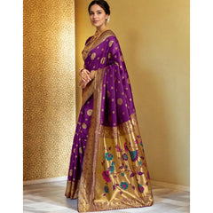 Generic Women's Silk Blend Paithani Saree With Unstitched Blouse 5.5Mtr (Purple)