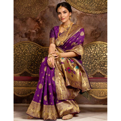 Generic Women's Silk Blend Paithani Saree With Unstitched Blouse 5.5Mtr (Purple)