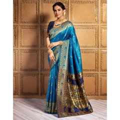 Generic Women's Silk Blend Zari Weaving Saree With Unstitched Blouse 5.5Mtr (Aqua)