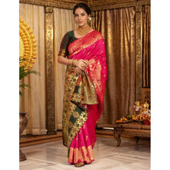 Generic Women's Silk Blend Zari Weaving Saree With Unstitched Blouse 5.5Mtr (Pink)