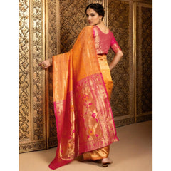 Generic Women's Silk Blend Zari Weaving Saree With Unstitched Blouse 5.5Mtr (Orange)