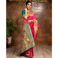 Generic Women's Silk Blend Zari Weaving Saree With Unstitched Blouse 5.5Mtr (Pink)
