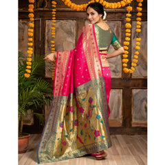 Generic Women's Silk Blend Zari Weaving Saree With Unstitched Blouse 5.5Mtr (Pink)