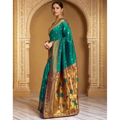 Generic Women's Silk Blend Zari Weaving Saree With Unstitched Blouse 5.5Mtr (Teal)