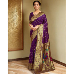 Generic Women's Silk Blend Zari Weaving Saree With Unstitched Blouse 5.5Mtr (Purple)