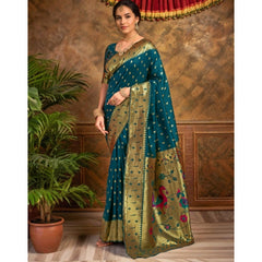 Generic Women's Silk Blend Zari Weaving Saree With Unstitched Blouse 5.5Mtr (Teal)