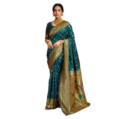 Generic Women's Silk Blend Zari Weaving Saree With Unstitched Blouse 5.5Mtr (Teal)