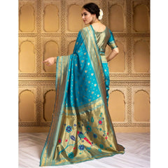 Generic Women's Silk Blend Zari Weaving Saree With Unstitched Blouse 5.5Mtr (Turquoise)