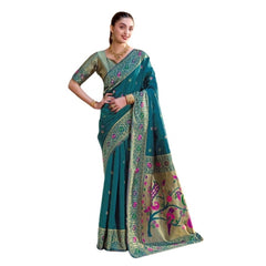 Generic Women's Silk Blend Paithani Weaving Saree With Unstitched Blouse 5.5Mtr (Teal)