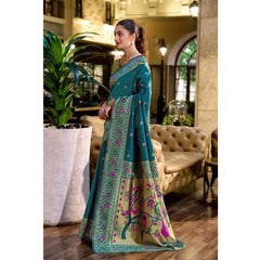 Generic Women's Silk Blend Paithani Weaving Saree With Unstitched Blouse 5.5Mtr (Teal)