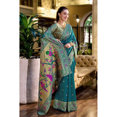 Generic Women's Silk Blend Paithani Weaving Saree With Unstitched Blouse 5.5Mtr (Teal)