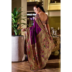 Generic Women's Silk Blend Zari Woven Saree With Unstitched Blouse 5.5Mtr (Purple)