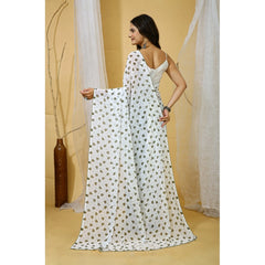 Generic Women's Georgette Printed Saree With Unstitched Blouse 5.5Mtr (White-Grey)