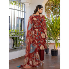 Generic Women's Cotton Blend Printed Kurti With Pant Dupatta Set (Rust)