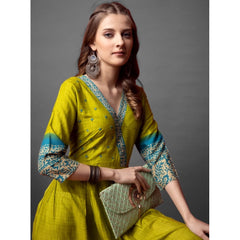 Generic Women's Cotton Blend Printed Anarkali Gown (Green)