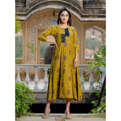 Generic Women's Rayon Print With Embroidery Work A-Line Kurti (Mehendi)