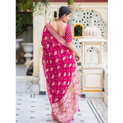 Generic Women's Soft Lichi Silk Printed Saree With Unstitched Blouse 5.5Mtr (Pink)