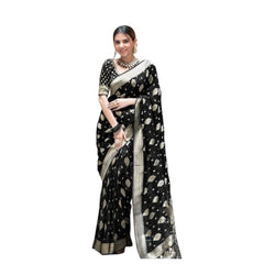Generic Women's Soft Lichi Silk Printed Saree With Unstitched Blouse 5.5Mtr (Black)