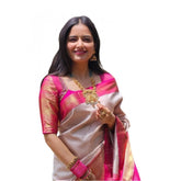 Generic Women's Soft Lichi Silk Printed Saree With Unstitched Blouse 5.5Mtr (Grey)