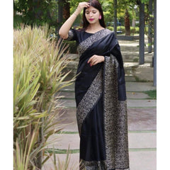 Generic Women's Soft Lichi Silk Printed Saree With Unstitched Blouse 5.5Mtr (Black)