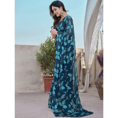 Generic Women's Chiffon Printed Saree With Unstitched Blouse 5.5Mtr (Blue)