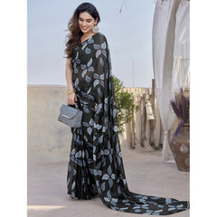 Generic Women's Chiffon Printed Saree With Unstitched Blouse 5.5Mtr (Black)