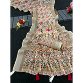 Generic Women's Linen Cotton Printed Saree With Unstitched Blouse 5.5Mtr (Cream)