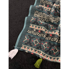 Generic Women's Linen Cotton Printed Saree With Unstitched Blouse 5.5Mtr (Blue)