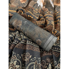 Generic Women's Linen Cotton Printed Saree With Unstitched Blouse 5.5Mtr (Beige)