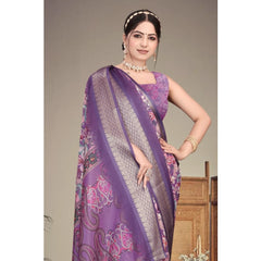 Generic Women's Cotton Silk Printed Saree With Unstitched Blouse 5.5Mtr (Purple)