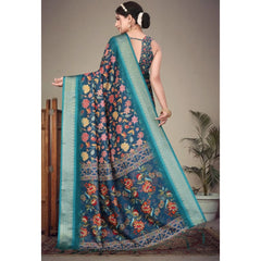 Generic Women's Cotton Silk Printed Saree With Unstitched Blouse 5.5Mtr (Blue)