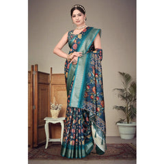 Generic Women's Cotton Silk Printed Saree With Unstitched Blouse 5.5Mtr (Blue)