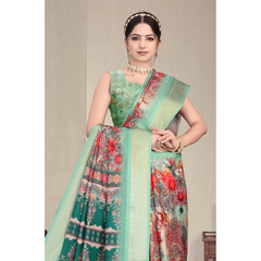 Generic Women's Cotton Silk Printed Saree With Unstitched Blouse 5.5Mtr (Light Green)