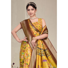 Generic Women's Cotton Silk Printed Saree With Unstitched Blouse 5.5Mtr (Yellow)