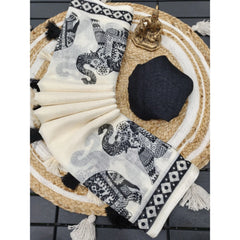 Generic Women's Linen Cotton Printed Saree With Unstitched Blouse 5.5Mtr (Cream & Black)