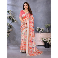 Generic Women's Linen Cotton Printed Saree With Unstitched Blouse 5.5Mtr (Orange )