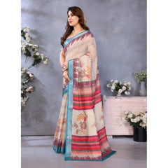 Generic Women's Linen Cotton Printed Saree With Unstitched Blouse 5.5Mtr (Cream)