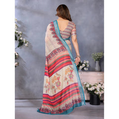 Generic Women's Linen Cotton Printed Saree With Unstitched Blouse 5.5Mtr (Cream)