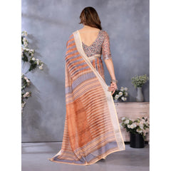 Generic Women's Linen Cotton Printed Saree With Unstitched Blouse 5.5Mtr (Brown)