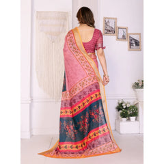 Generic Women's Linen Cotton Printed Saree With Unstitched Blouse 5.5Mtr (Pink)