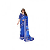 Generic Women's Linen Cotton Printed Saree With Unstitched Blouse 5.5Mtr (Blue)