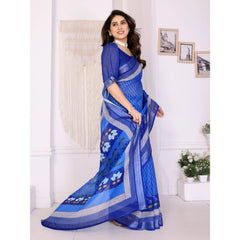 Generic Women's Linen Cotton Printed Saree With Unstitched Blouse 5.5Mtr (Blue)