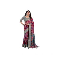 Generic Women's Linen Printed Saree With Unstitched Blouse 5.5Mtr (Purple)
