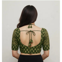 Generic Women's Ajrakh Cotton Printed Sweetheart Padded Blouse (Olive 38 Ready (Self Alterable 36–40)