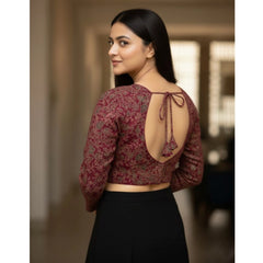 Generic Women's Ajrakh Cotton Printed V-Neck Padded Blouse (Maroon 38 Ready (Self Alterable 36–40)