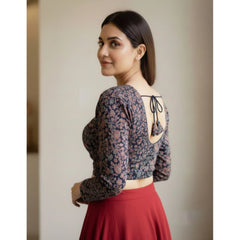 Generic Women's Ajrakh Cotton Printed V-Neck Padded Blouse (Navy 38 Ready (Self Alterable 36–40)