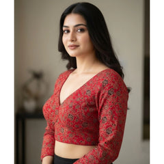 Generic Women's Ajrakh Cotton Printed V-Neck Padded Blouse (Red 38 Ready (Self Alterable 36–40)